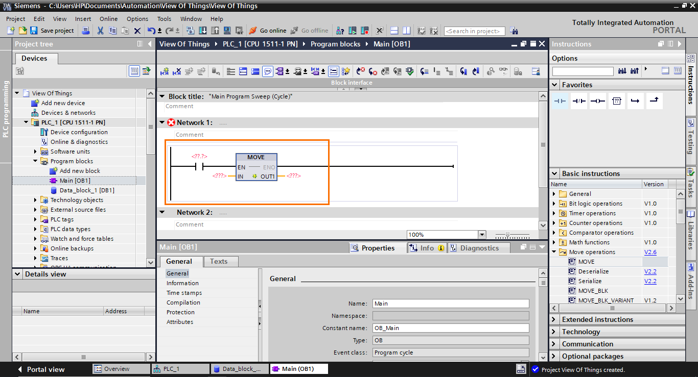 Figure 1.13 - TIA Portal View of Things | Adding XIC and MOVE instructions to the program