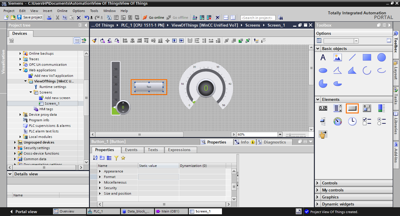 Figure 1.21 - TIA Portal View of Things | Adding a button