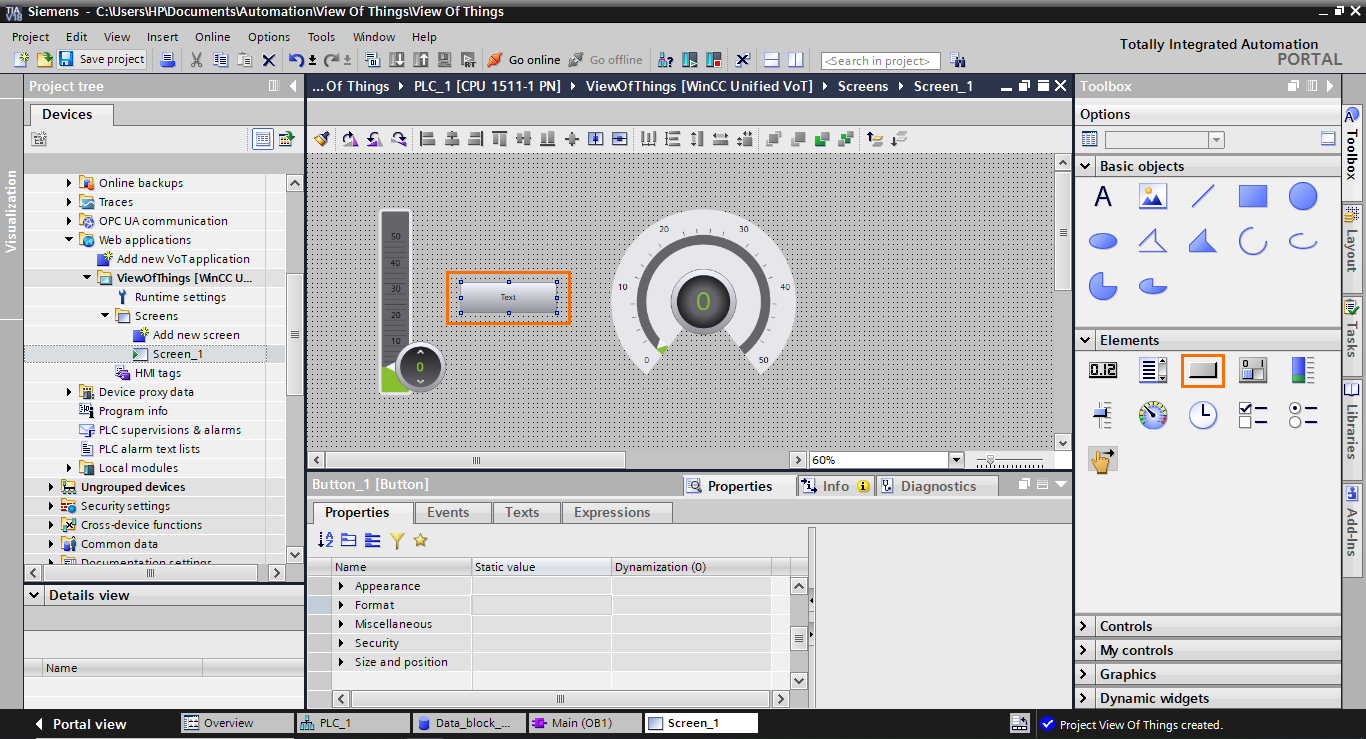 Figure 1.21 - TIA Portal View of Things | Adding a button