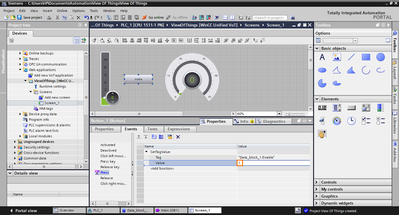 Figure 1.28 - TIA Portal View of Things | Setting the value to “1”