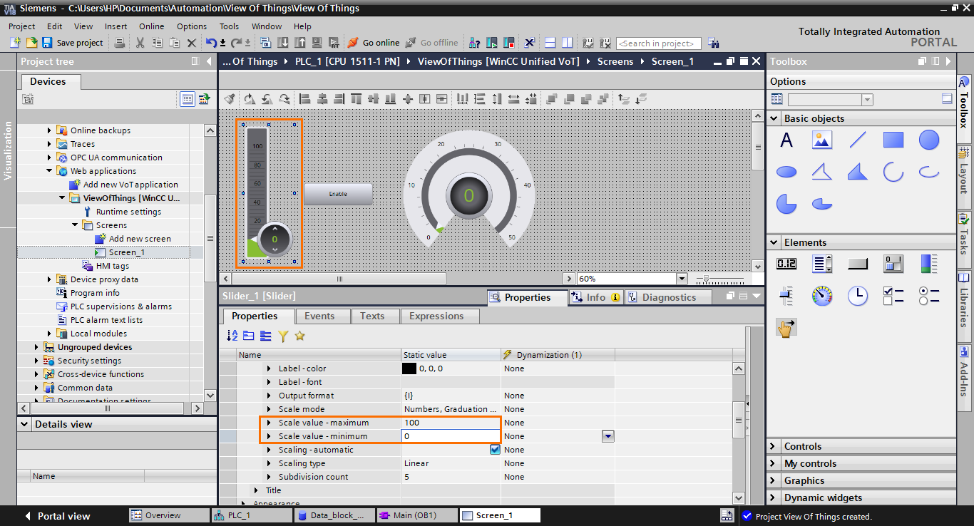 Figure 1.24 - TIA Portal View of Things | Configuring the slider’s scale values