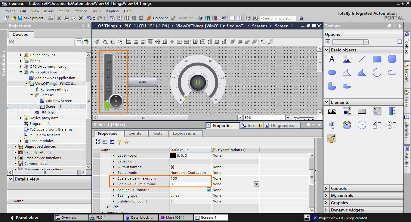 Figure 1.24 - TIA Portal View of Things | Configuring the slider’s scale values