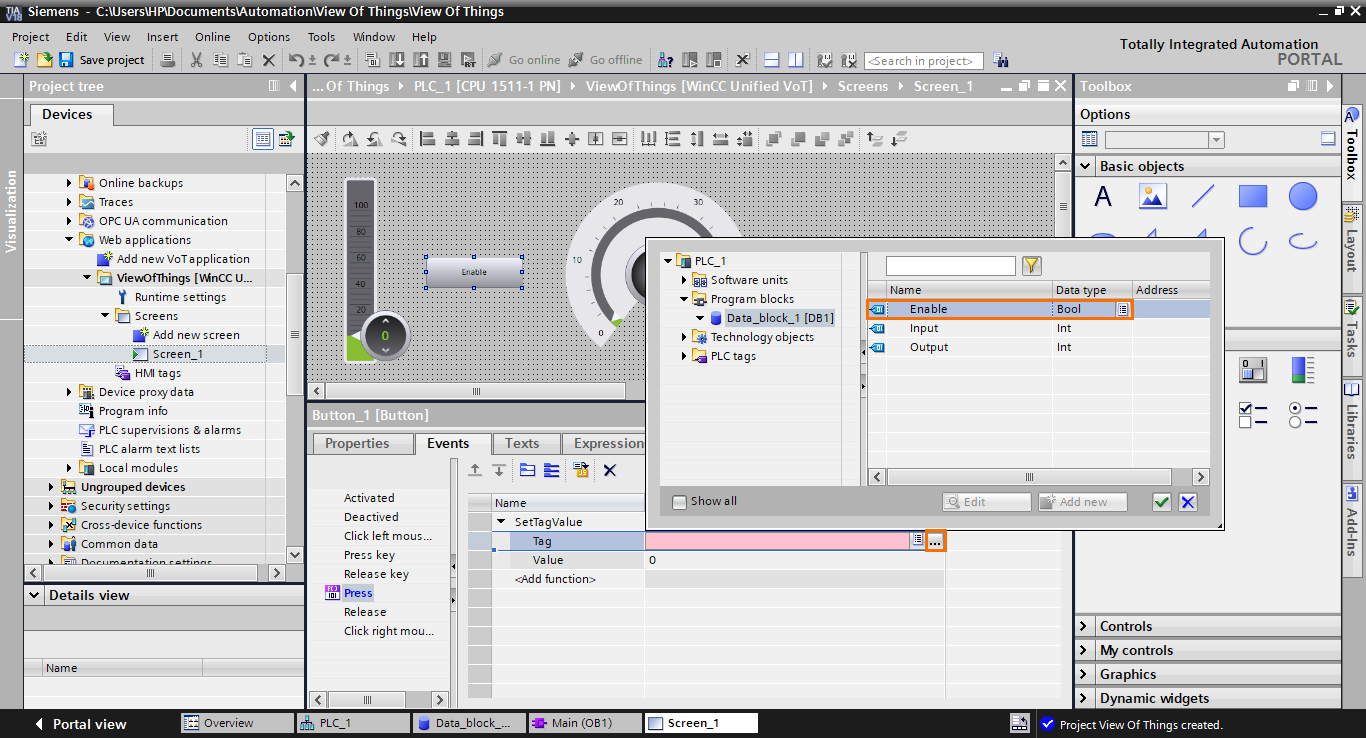 Figure 1.27 - TIA Portal View of Things | Tying the event to the Enable DB element