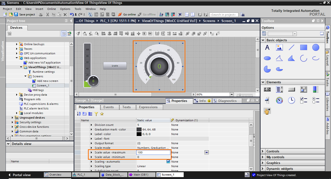 Figure 1.32 - TIA Portal View of Things | Setting the gauge’s scale values