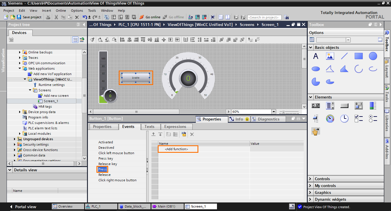 Figure 1.25 - TIA Portal View of Things | Adding a Press event to the button