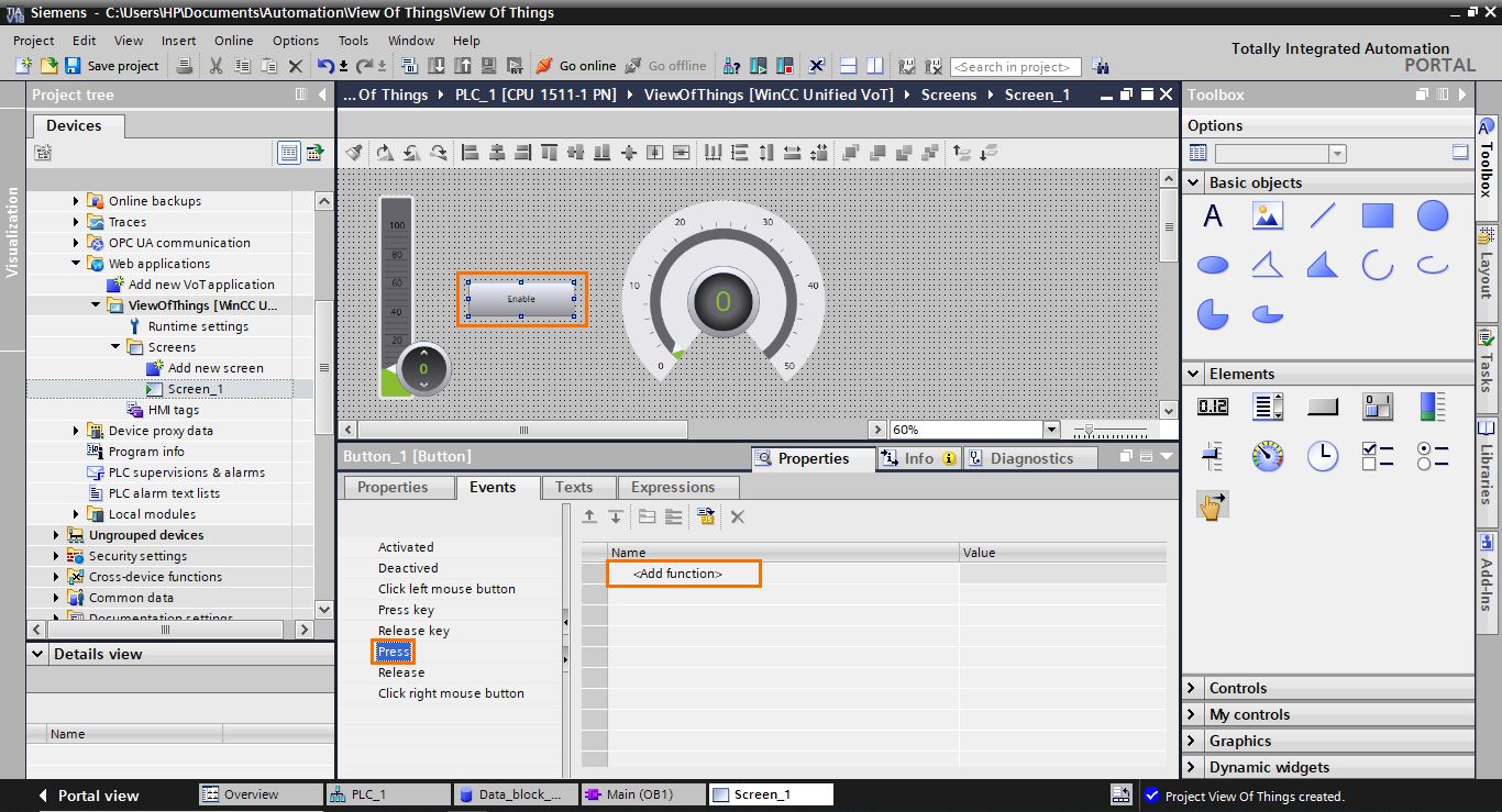 Figure 1.25 - TIA Portal View of Things | Adding a Press event to the button