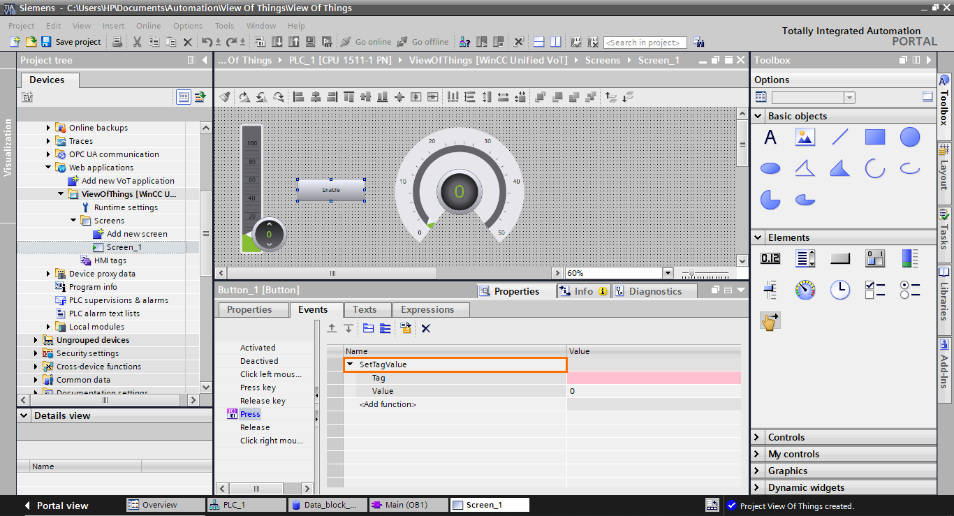 Figure 1.26 - TIA Portal View of Things | Selecting the SetTagValue event