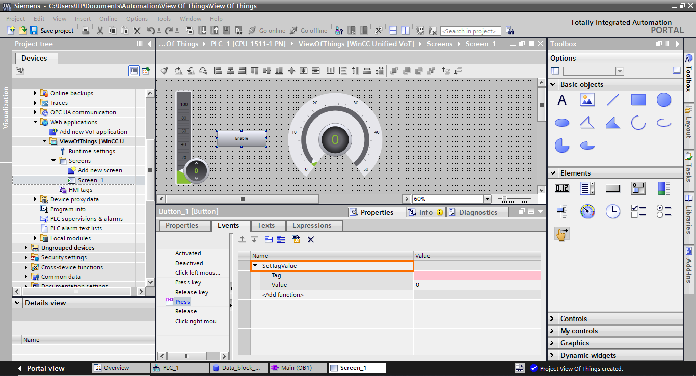 Figure 1.26 - TIA Portal View of Things | Selecting the SetTagValue event