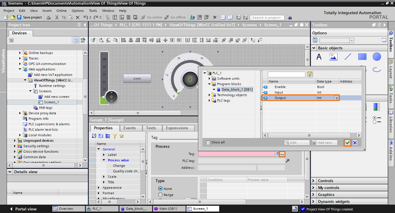 Figure 1.31 - TIA Portal View of Things | Tying the gauge to the Output DB element