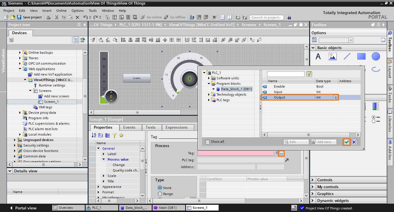 Figure 1.31 - TIA Portal View of Things | Tying the gauge to the Output DB element