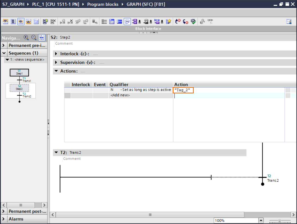 Figure 3.7 - TIA Portal GRAPH Language | Adding a tag to the action