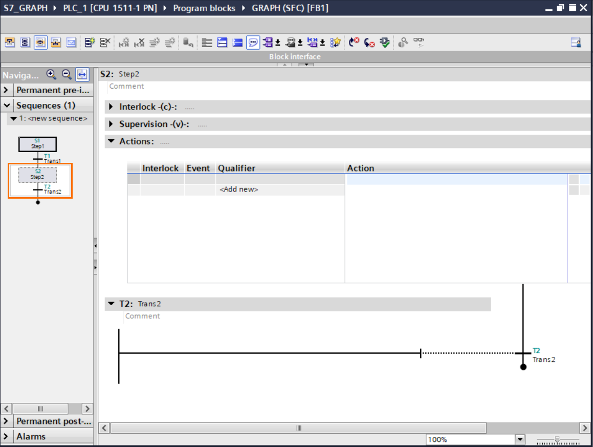 Figure 3.4 - TIA Portal GRAPH Language | Selecting the Step 2/ Transition 2 pair