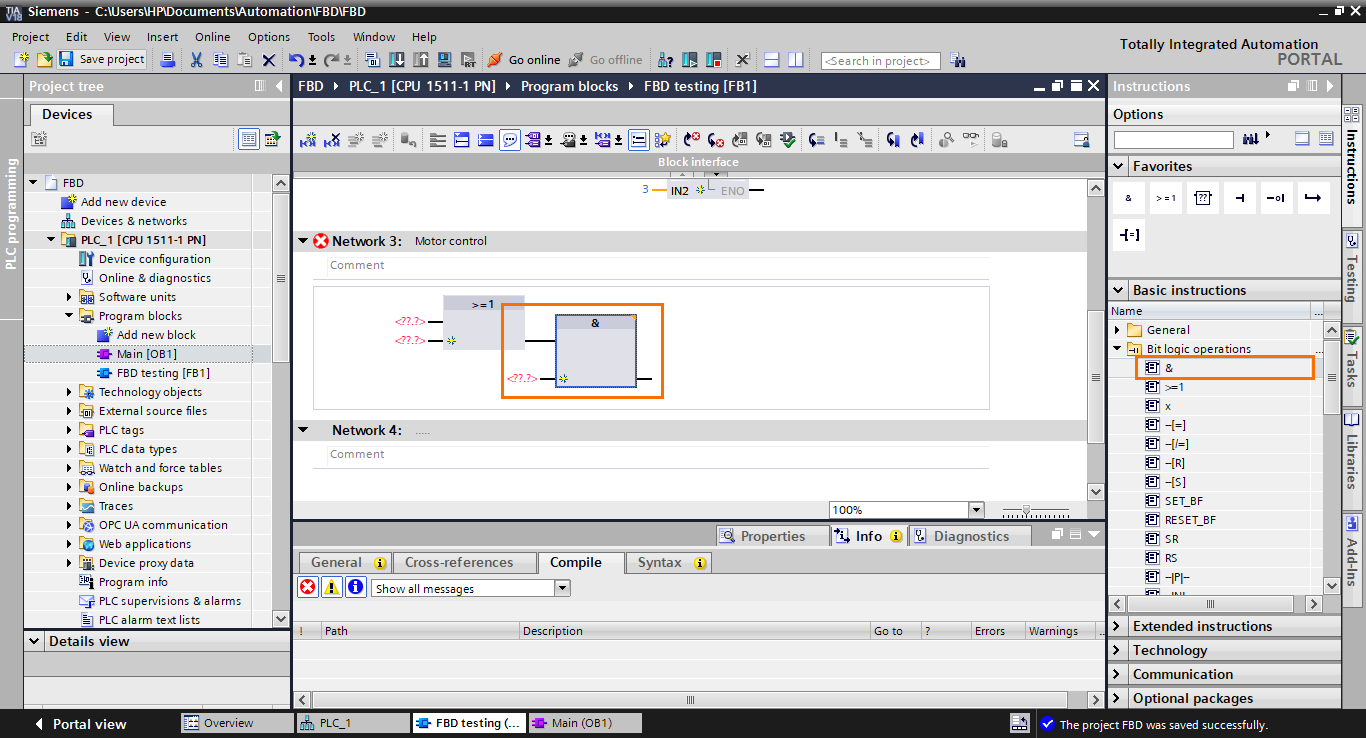 Figure 4.4 - TIA Portal Function Block Diagram (FBD) PLC Programming | Adding an AND block