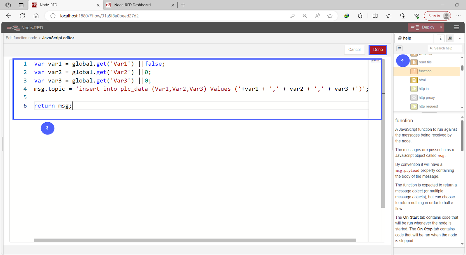 Figure 11.5 - Siemens TIA Portal PLC MySQL Google Sheets Data | Node-Red Insert Query