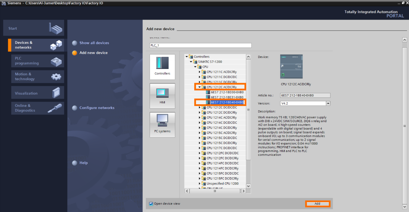 Figure 2.1 – Basic Siemens TIA Portal & Factory IO project | TIA Portal Adding a Device (PLC S7_1200)