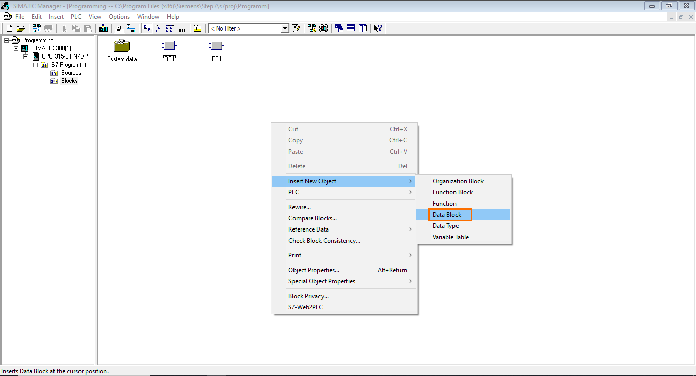 Figure 4.6 - Siemens SIMATIC Manager STEP7 PLC Programming | Adding a Data Block (DB)