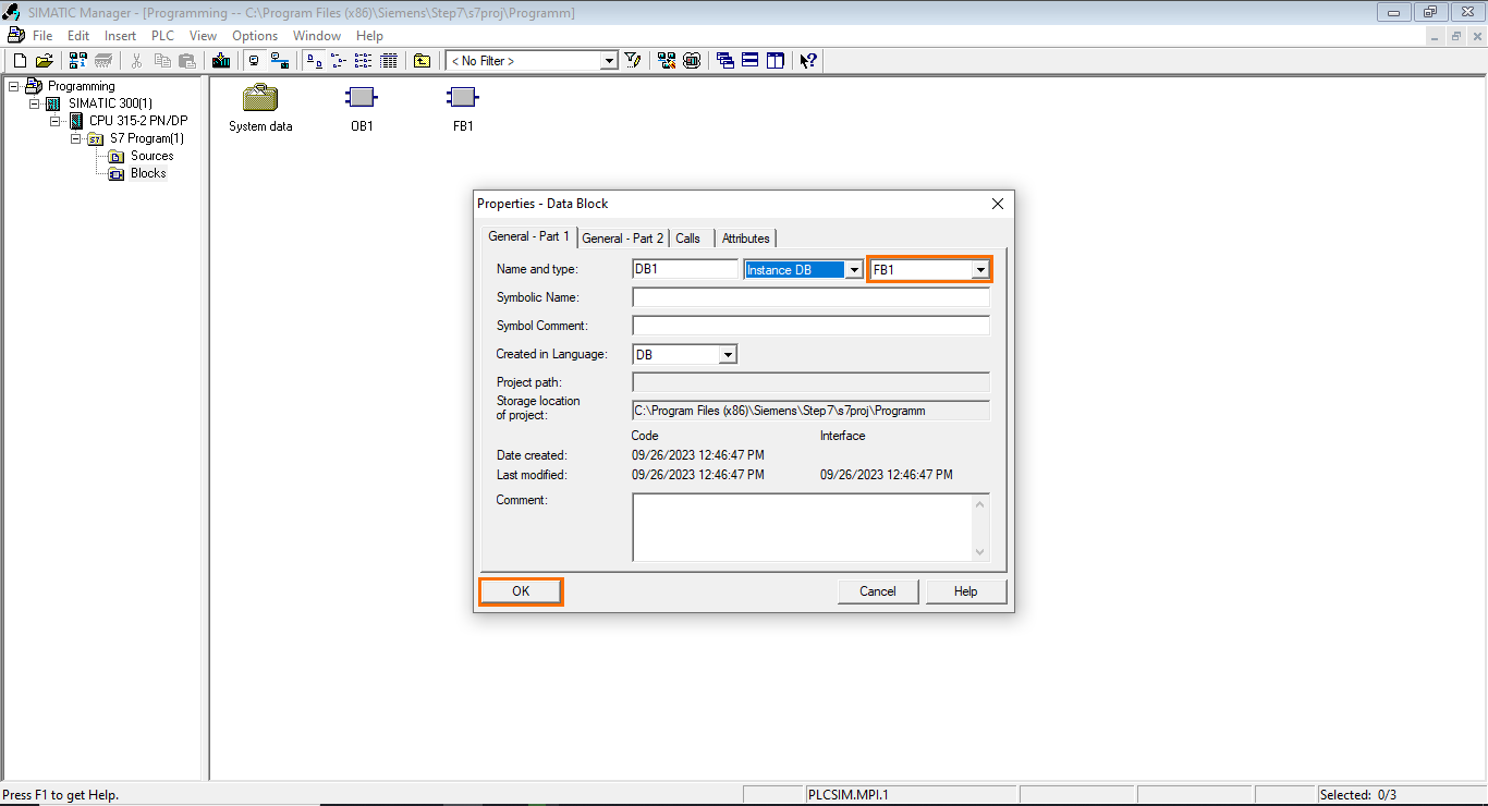 Figure 4.9 - Siemens SIMATIC Manager STEP7 PLC Programming | Selecting the Associated Function Block (FB)