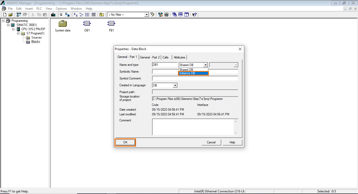 Figure 4.8 - Siemens SIMATIC Manager STEP7 PLC Programming | Changing the Data Block (DB) Type