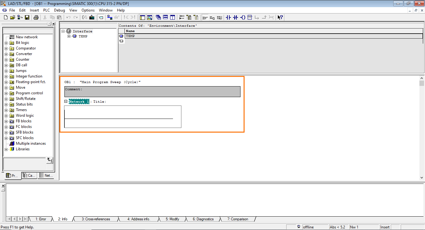 Figure 4.3 - Siemens SIMATIC Manager STEP7 PLC Programming | OB1 Programming Interface