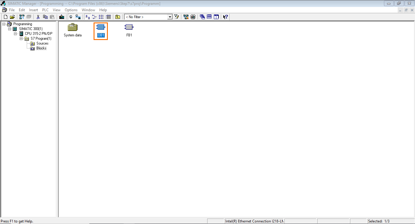 Figure 4.1 - Siemens SIMATIC Manager STEP7 PLC Programming | Opening the OB1