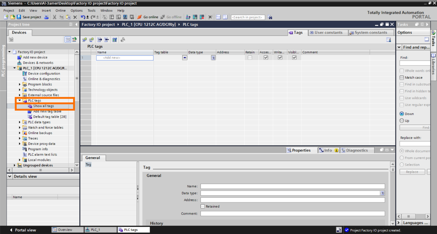 Figure 2.3 – Basic Siemens TIA Portal & Factory IO project | TIA Portal PLC Tags