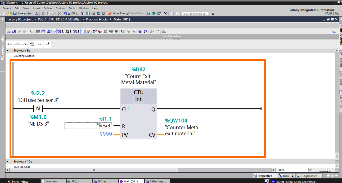 Figure 2.18 – Basic Siemens TIA Portal & Factory IO project | TIA Portal Count Exit metal Material Programming