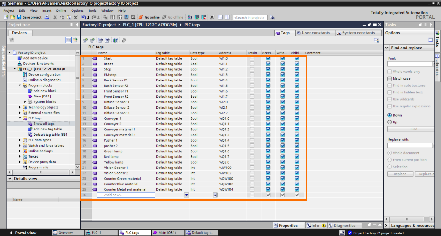 Figure 2.4 – Basic Siemens TIA Portal & Factory IO project | TIA Portal PLC Tags