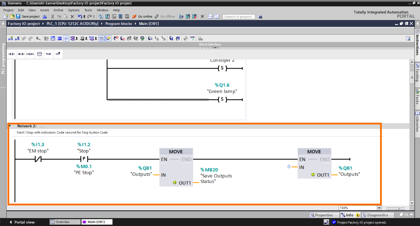 Figure 2.8 – Basic Siemens TIA Portal & Factory IO project | TIA Portal Stop button programming 