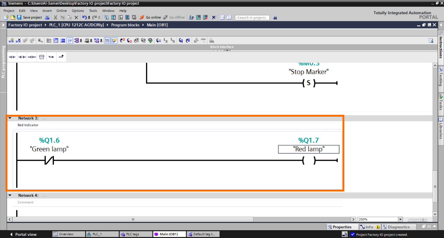 Figure 2.12 – Basic Siemens TIA Portal & Factory IO project | TIA Portal indication programming