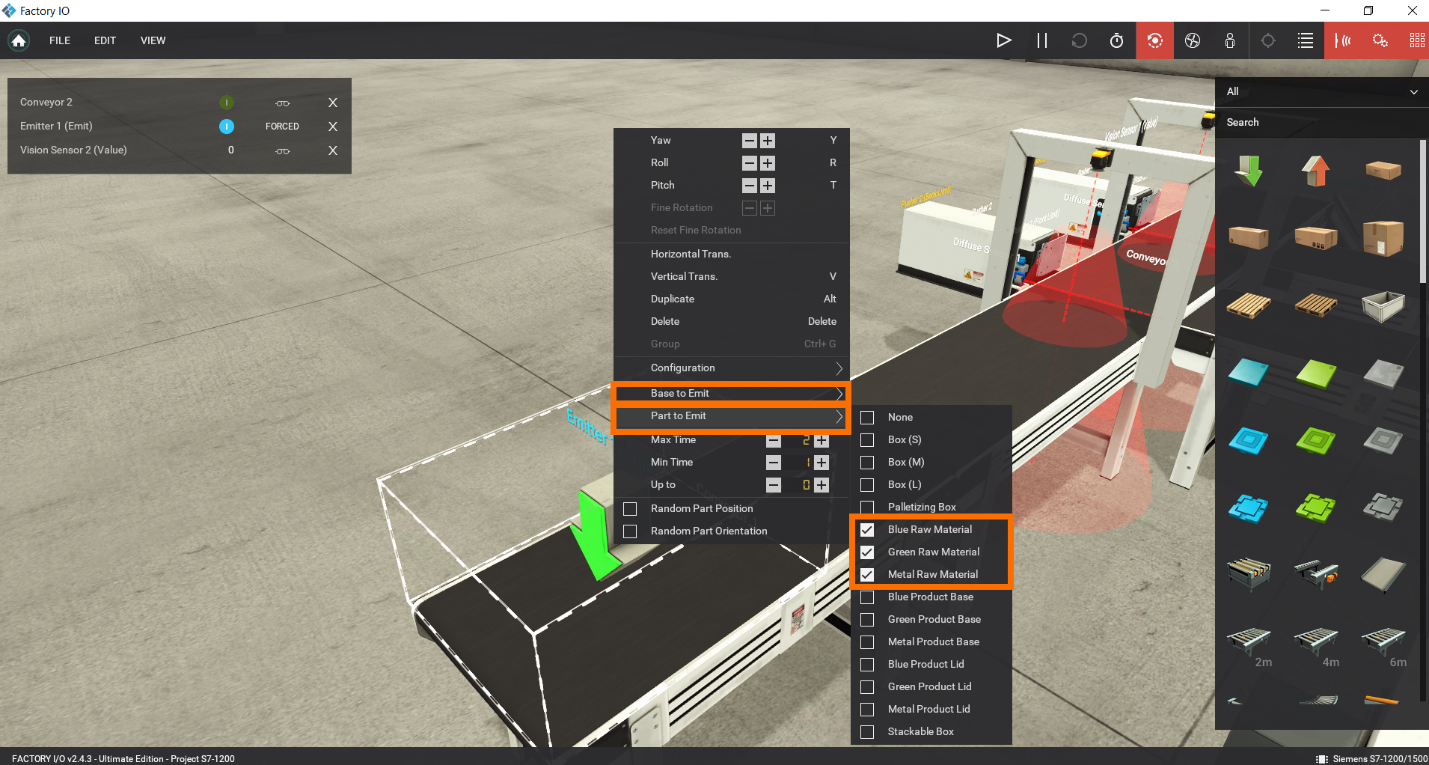 Figure 1.4 – Basic Siemens TIA Portal & Factory IO project | Emitter Settings