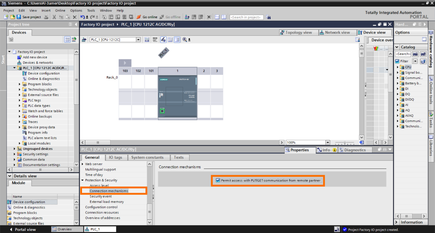 Figure 2.2 – Basic Siemens TIA Portal & Factory IO project | TIA Portal Active PUT/GET