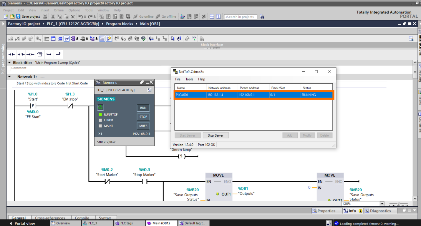 Figure 3.1 – Basic Siemens TIA Portal & Factory IO project | Net To PLC Sim server Running