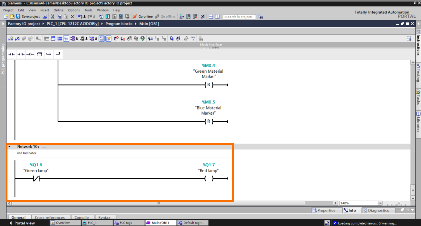 Figure 2.22 – Basic Siemens TIA Portal & Factory IO project | TIA Portal Red indicator