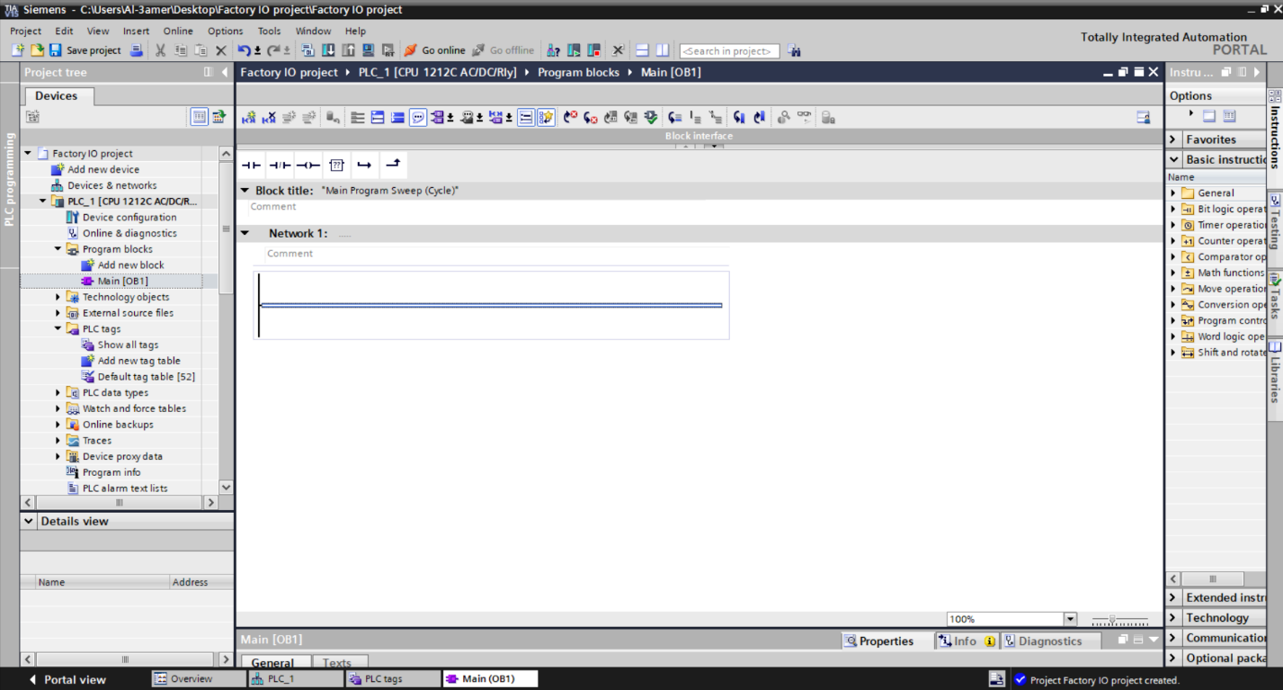 Figure 2.6 – Basic Siemens TIA Portal & Factory IO project | TIA Portal Main OB1