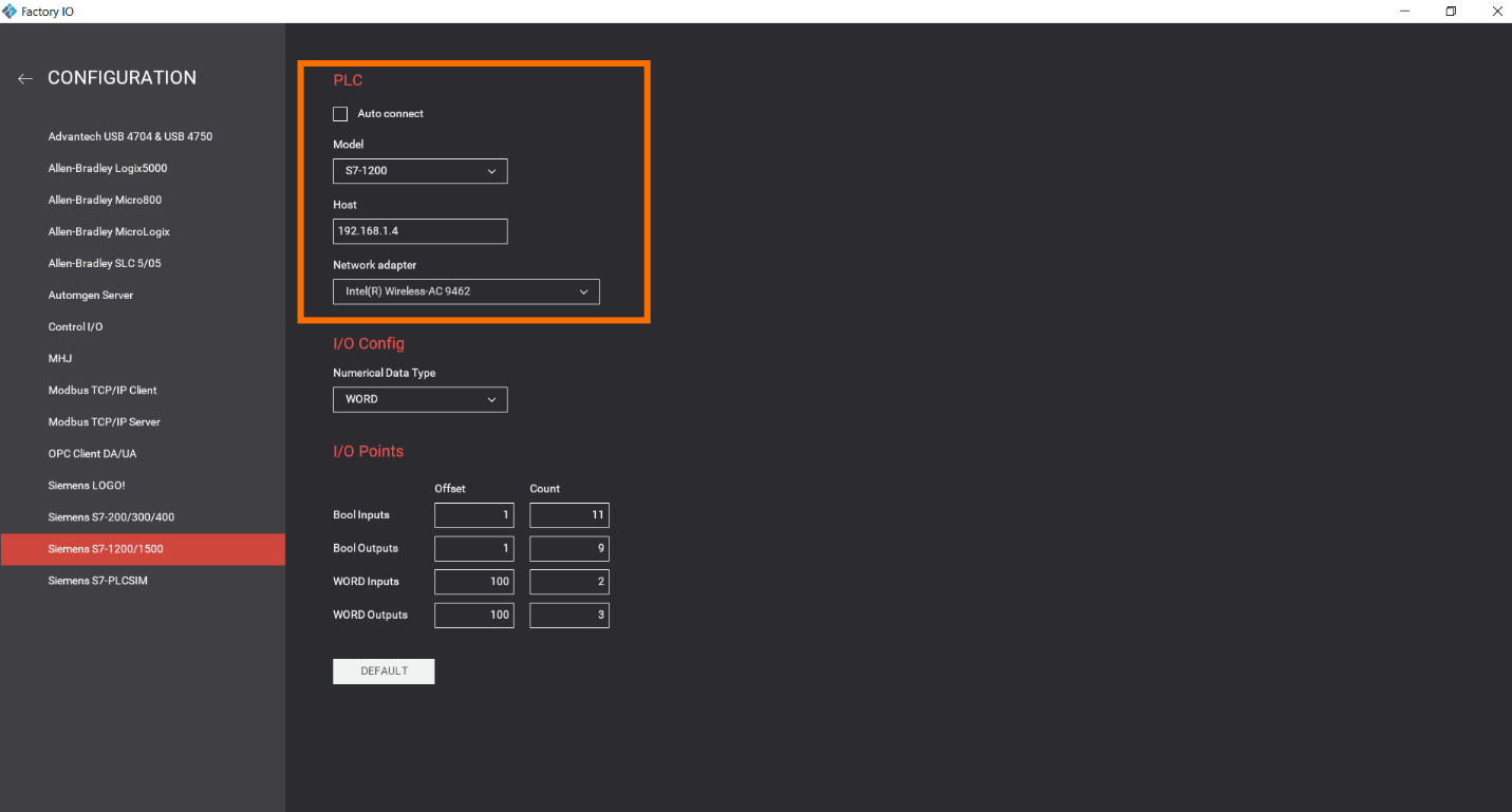 Figure 4.1 – Basic Siemens TIA Portal & Factory IO project | Connection Settings