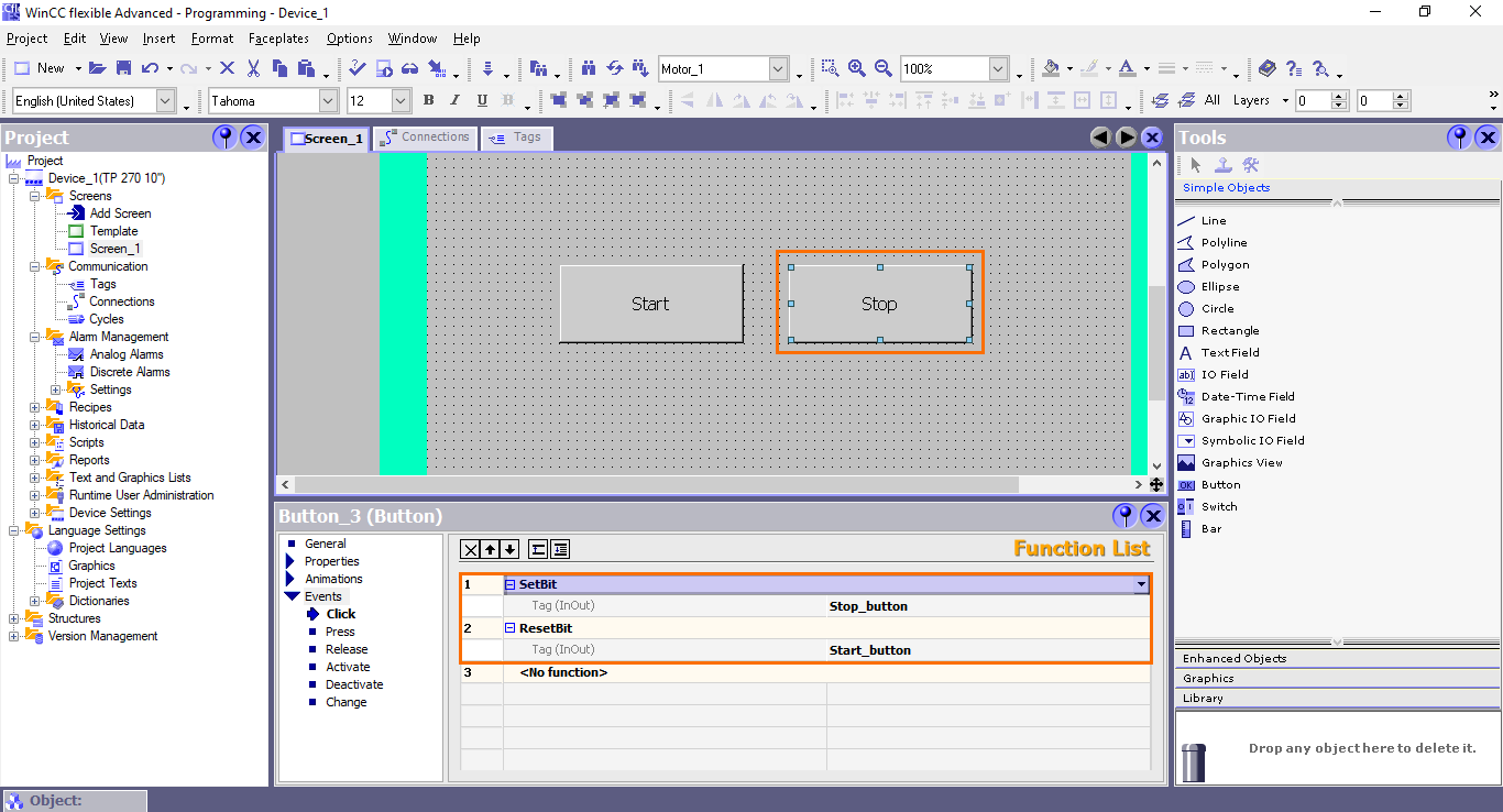 Figure 4.15 - Siemens SIMATIC WinCC flexible | Adding the “Stop” button