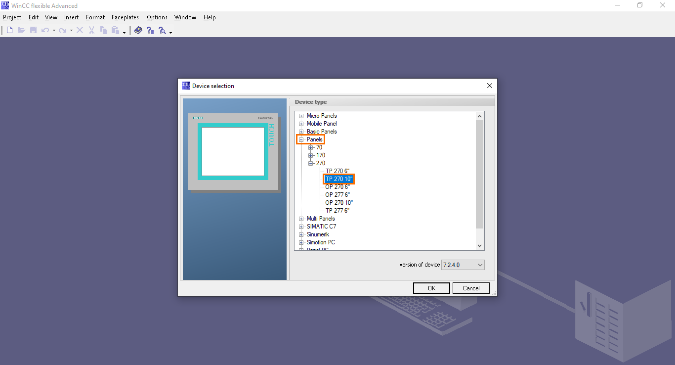 Figure 1.4 - Siemens SIMATIC WinCC flexible | Selecting the TP 270 10” panel