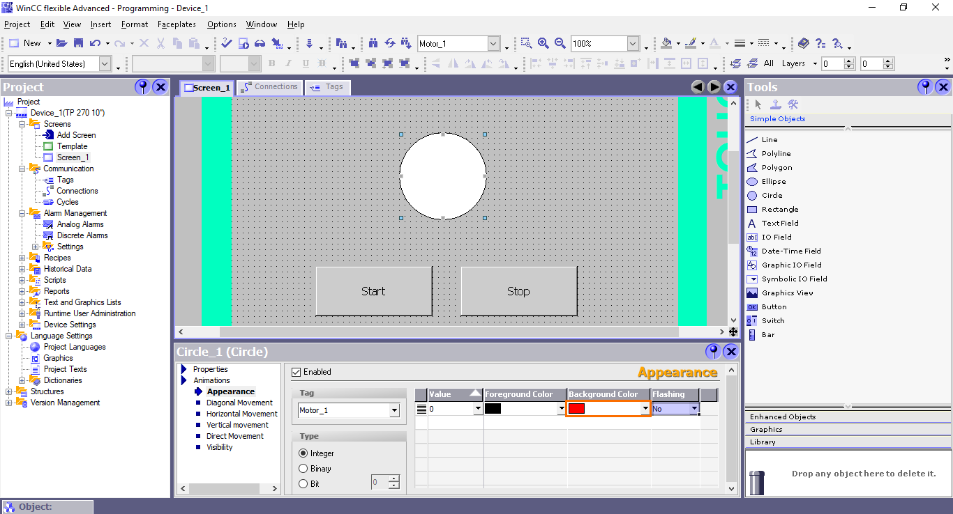 Figure 4.23 - Siemens SIMATIC WinCC flexible | The animation’s first case is configured