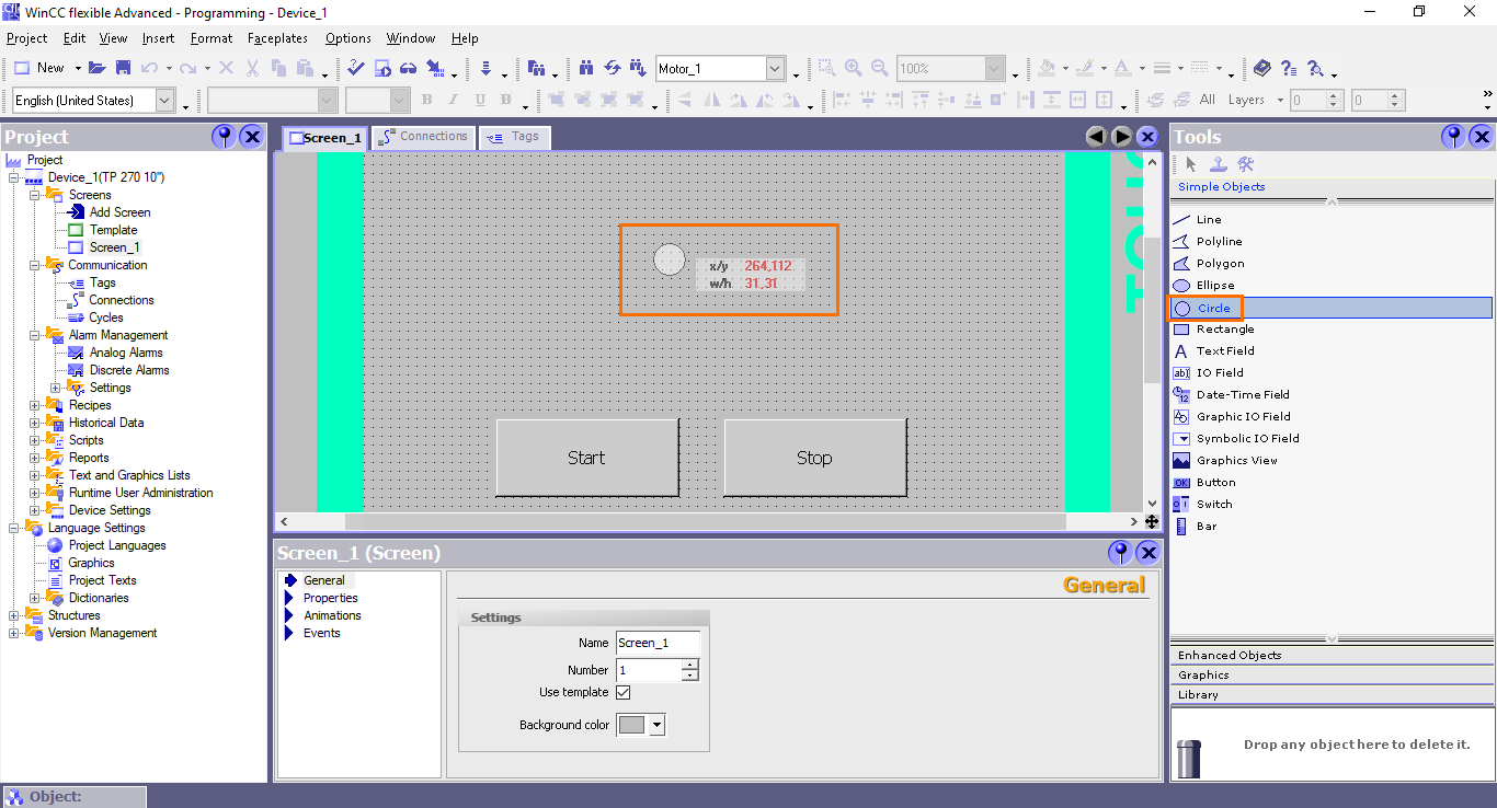 Figure 4.16 - Siemens SIMATIC WinCC flexible | Adding a circle object