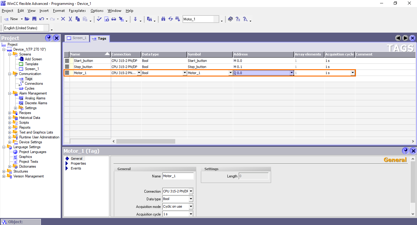 Figure 3.10 - Siemens SIMATIC WinCC flexible | Creating the “Motor_1” tag