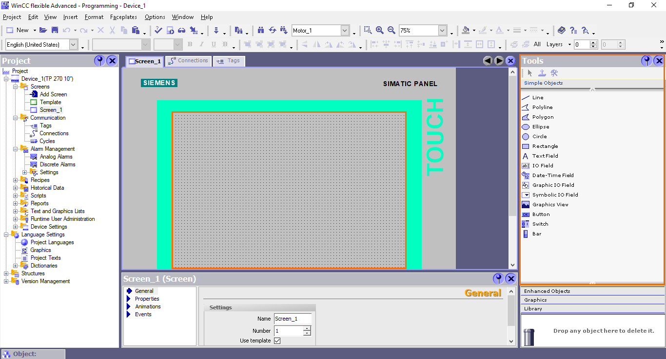 Figure 4.1 - Siemens SIMATIC WinCC flexible | Tools list and programming interface