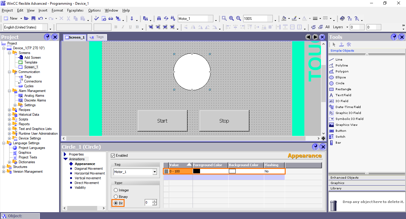 Figure 4.20 - Siemens SIMATIC WinCC flexible | Selecting the “Bit” type