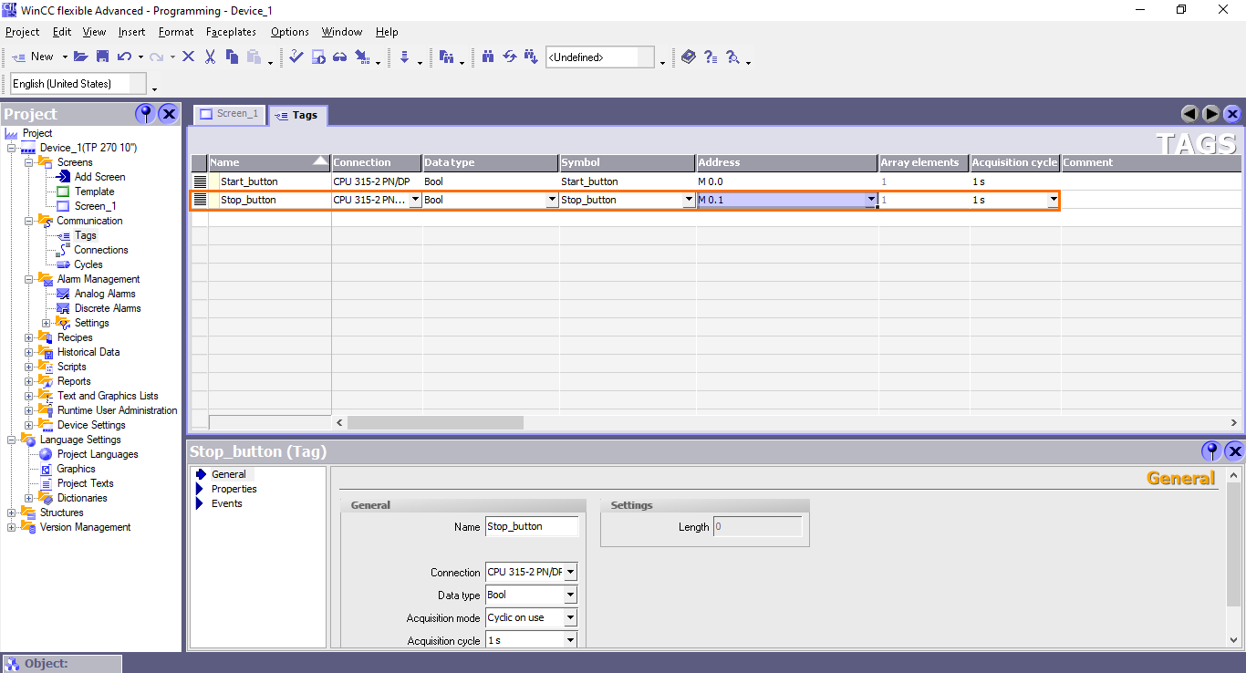 Figure 3.9 - Siemens SIMATIC WinCC flexible | Creating the “Stop_button” tag