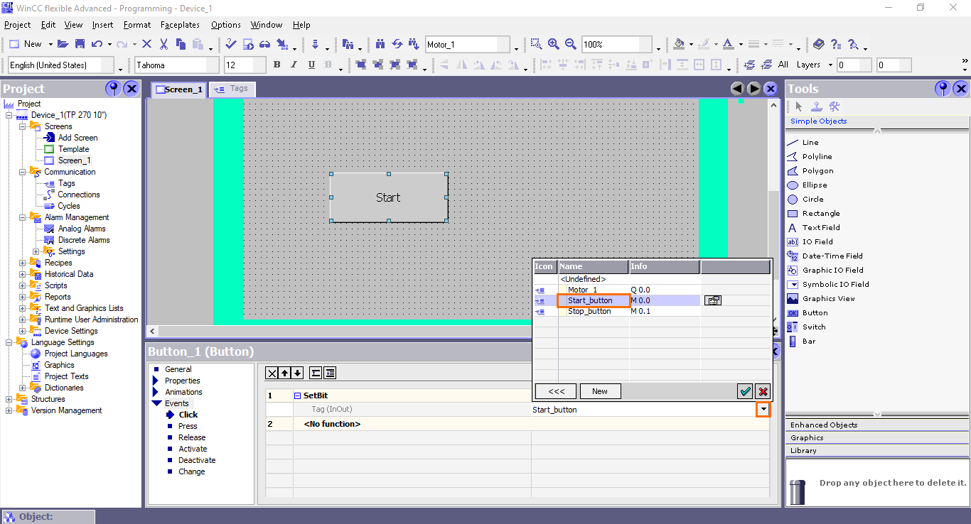 Figure 4.12 - Siemens SIMATIC WinCC flexible | Selecting the target tag