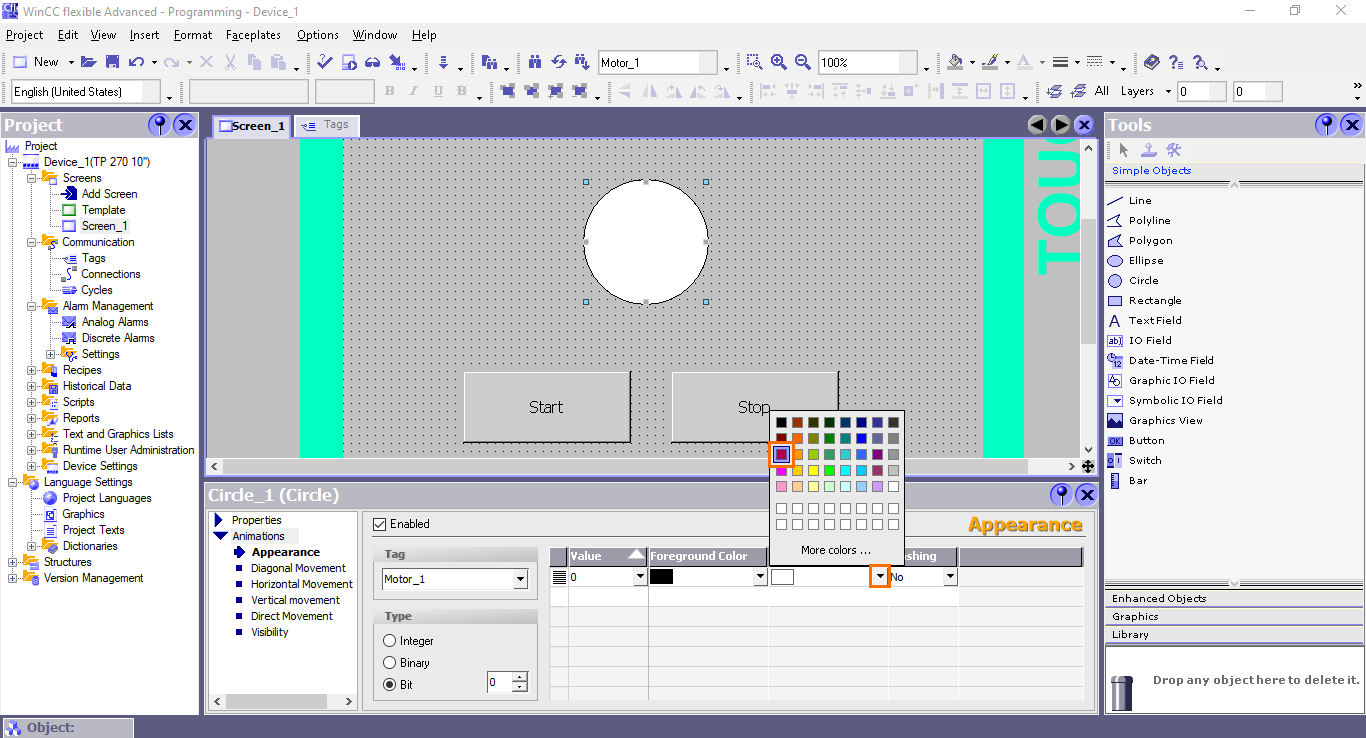 Figure 4.22 - Siemens SIMATIC WinCC flexible | Selecting the background color