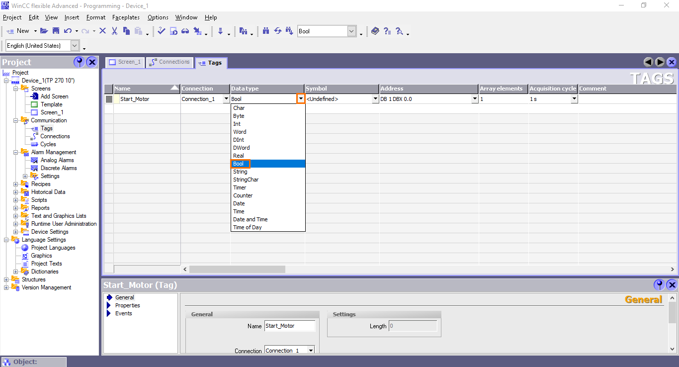 Figure 3.7 - Siemens SIMATIC WinCC flexible | Selecting the Bool data type