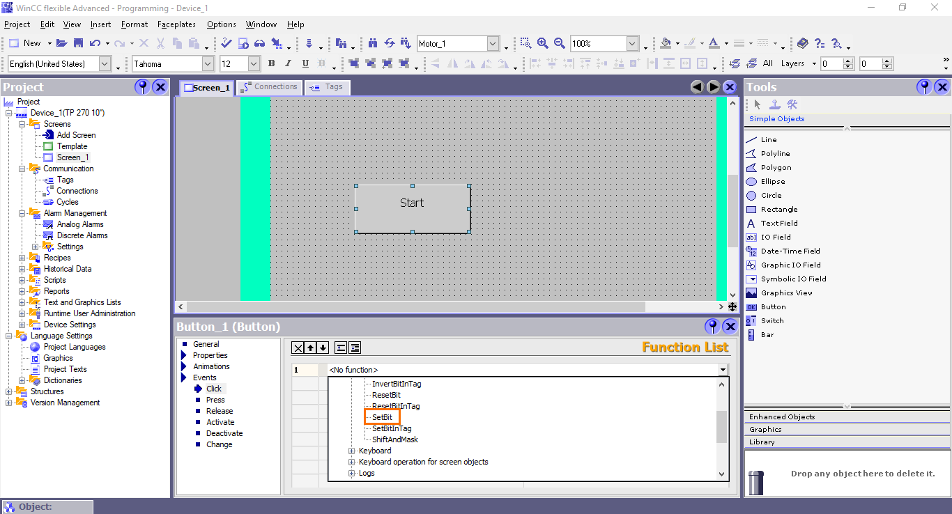 Figure 4.10 - Siemens SIMATIC WinCC flexible | Selecting the “SetBit” function