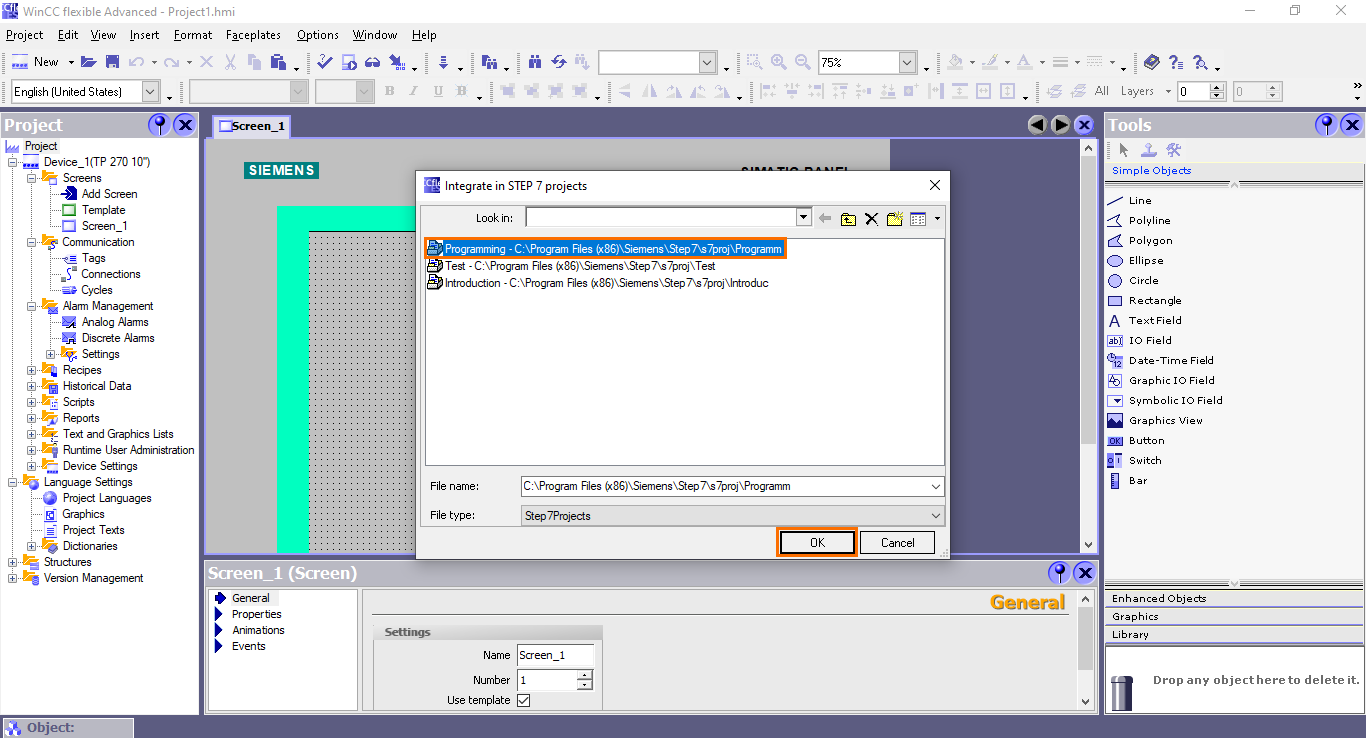 Figure 2.3 - Siemens SIMATIC WinCC flexible | Selecting the target SIMATIC Manager project