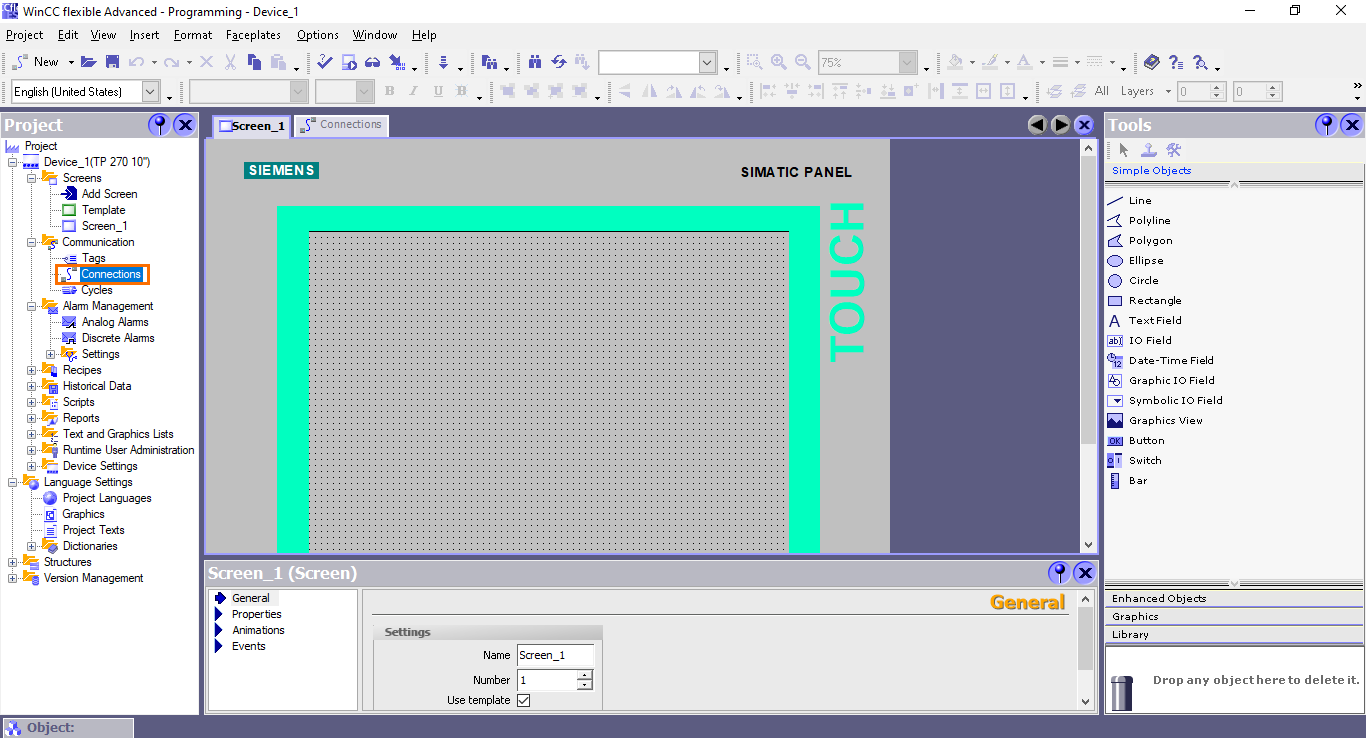 Figure 3.1 - Siemens SIMATIC WinCC flexible | Opening the Connections settings