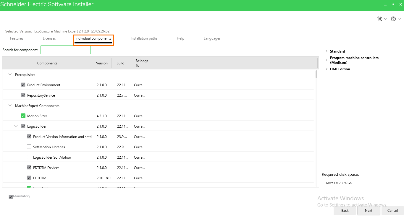 Figure 3.6: Individual components tab.